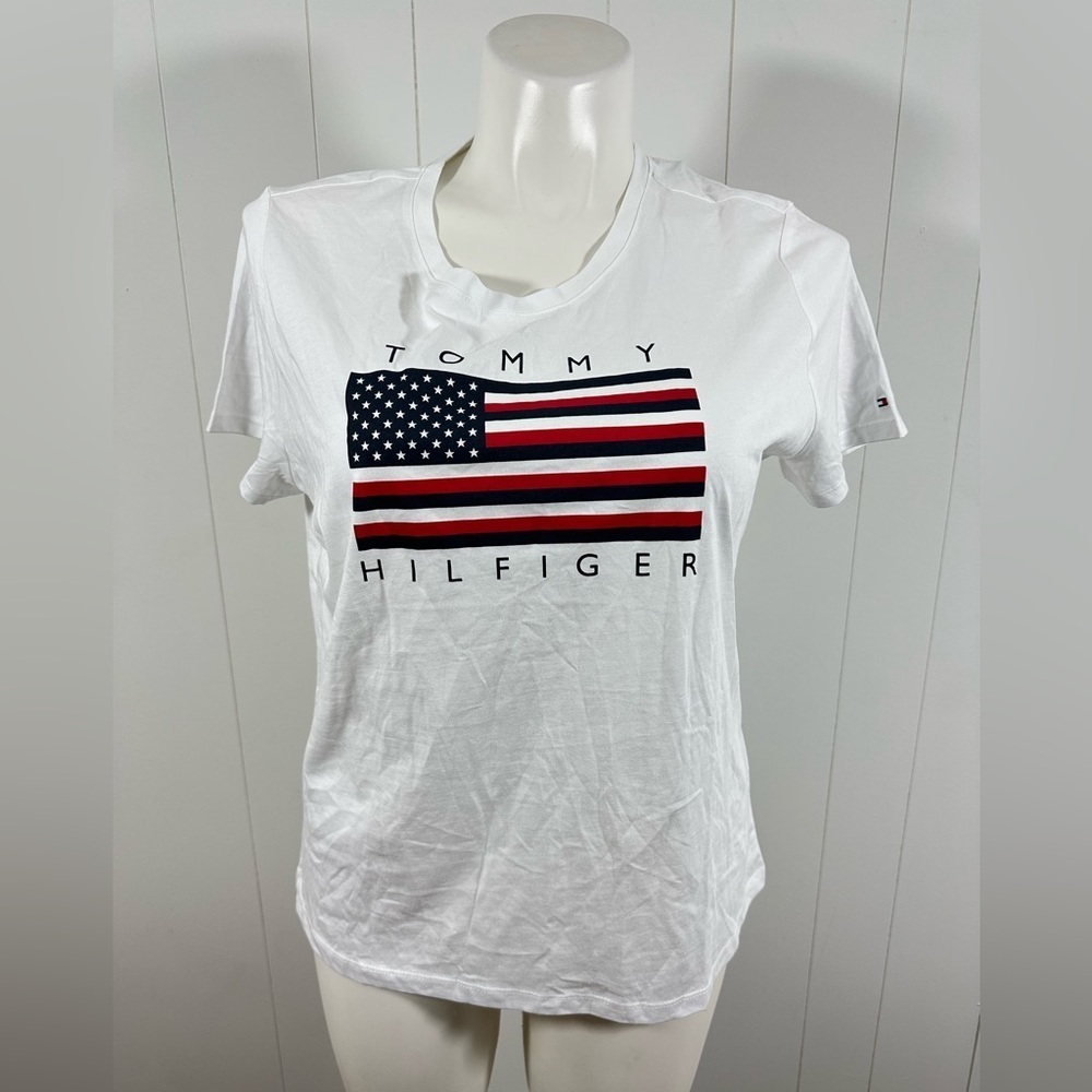 NWT Tommy Hilfiger Shirt XL Womens White American Flag Logo Casual 100% Cotton